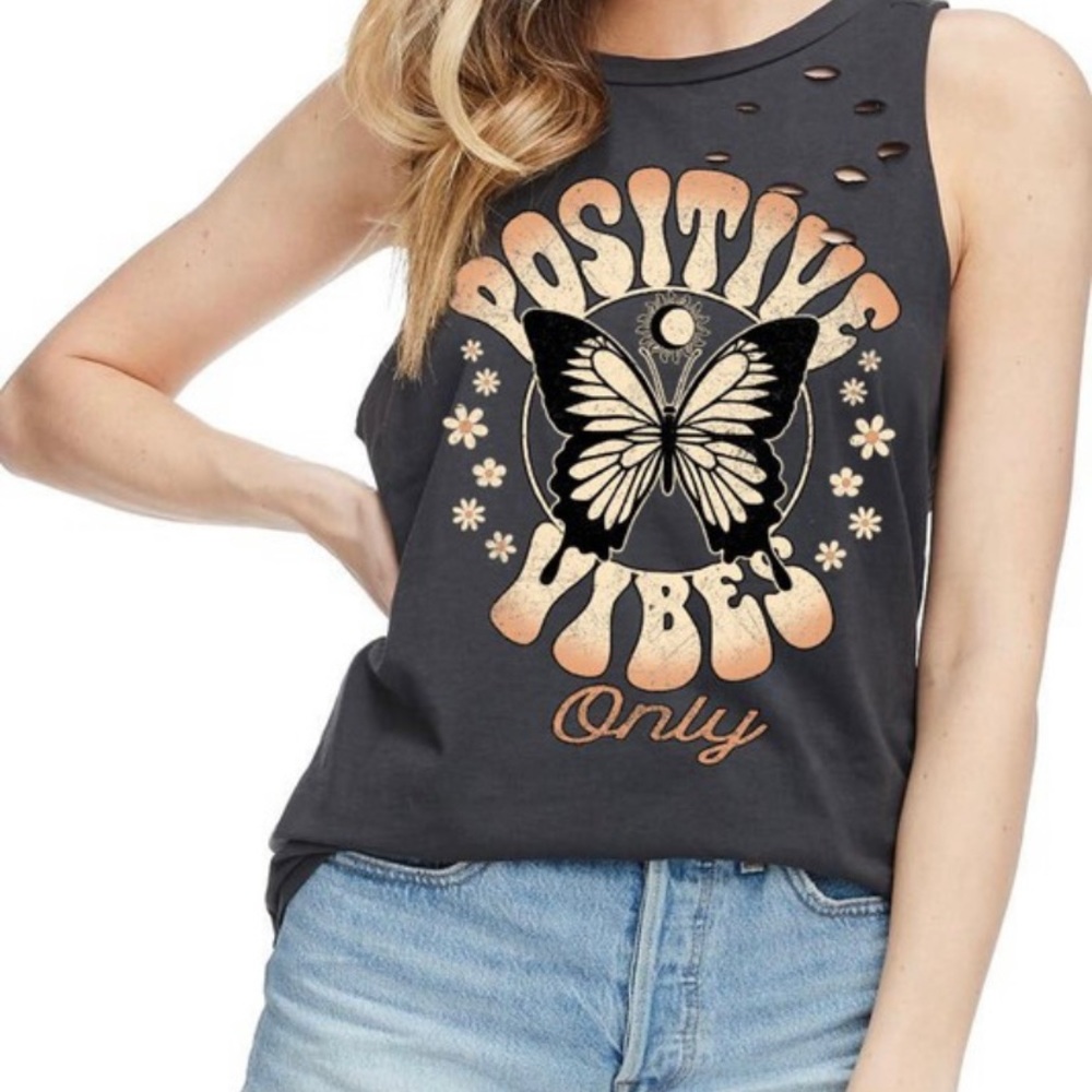 Positive Vibes Only Distressed Tank